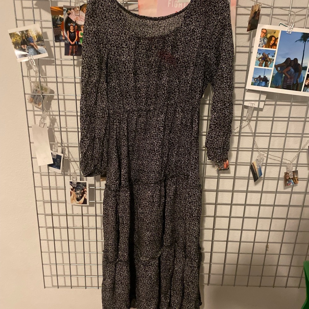 Dark navy blue dress with white circular details